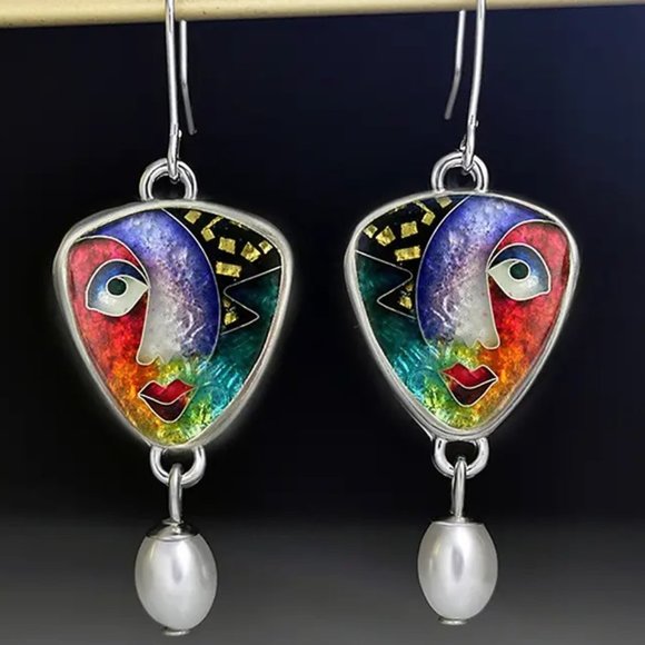 Jewelry - 925 Silver Plated Abstract Art Colorful Face Drop Earrings - NEW